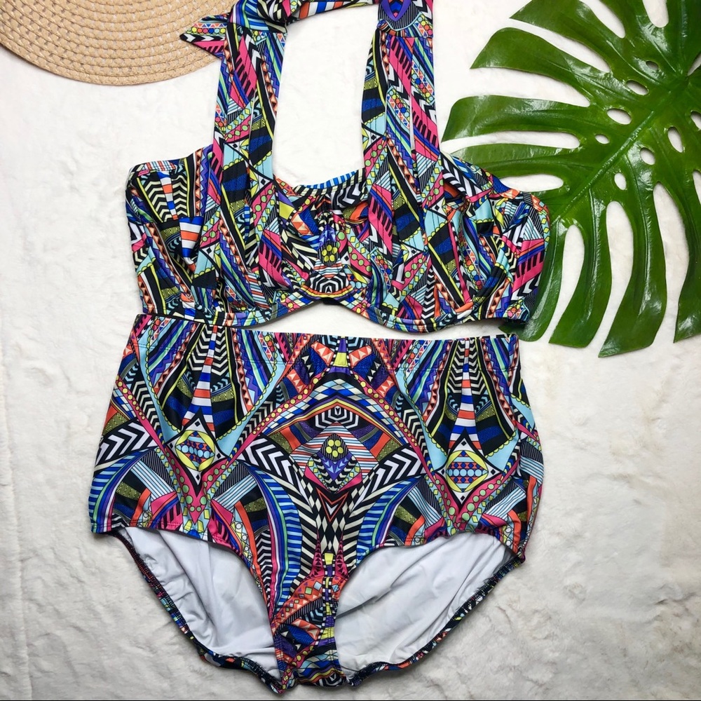 Multicolor Geometric High-Waist Women's Swimsuit